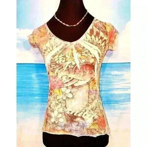 COLORFUL Womans 100% COTTON Tee shirt Stretch T-shirt top Boho print size M